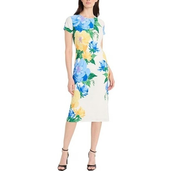 Maggy London Women's Blue Yellow Floral Sheath Dress Short Sleeve Midi Size‎ 6 - Picture 2 of 9